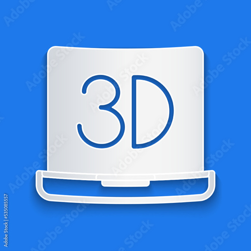 Paper cut 3D printer icon isolated on blue background. 3d printing. Paper art style. Vector