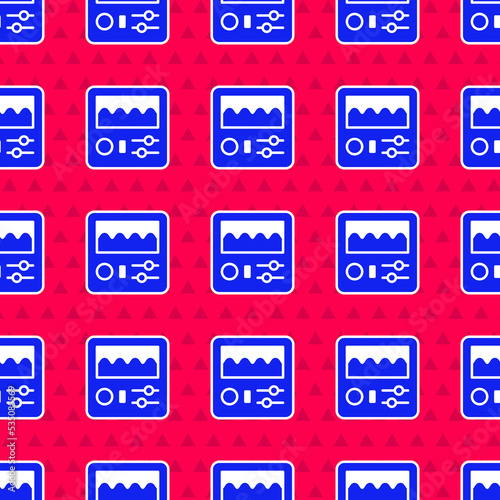 Blue Drum machine icon isolated seamless pattern on red background. Musical equipment. Vector