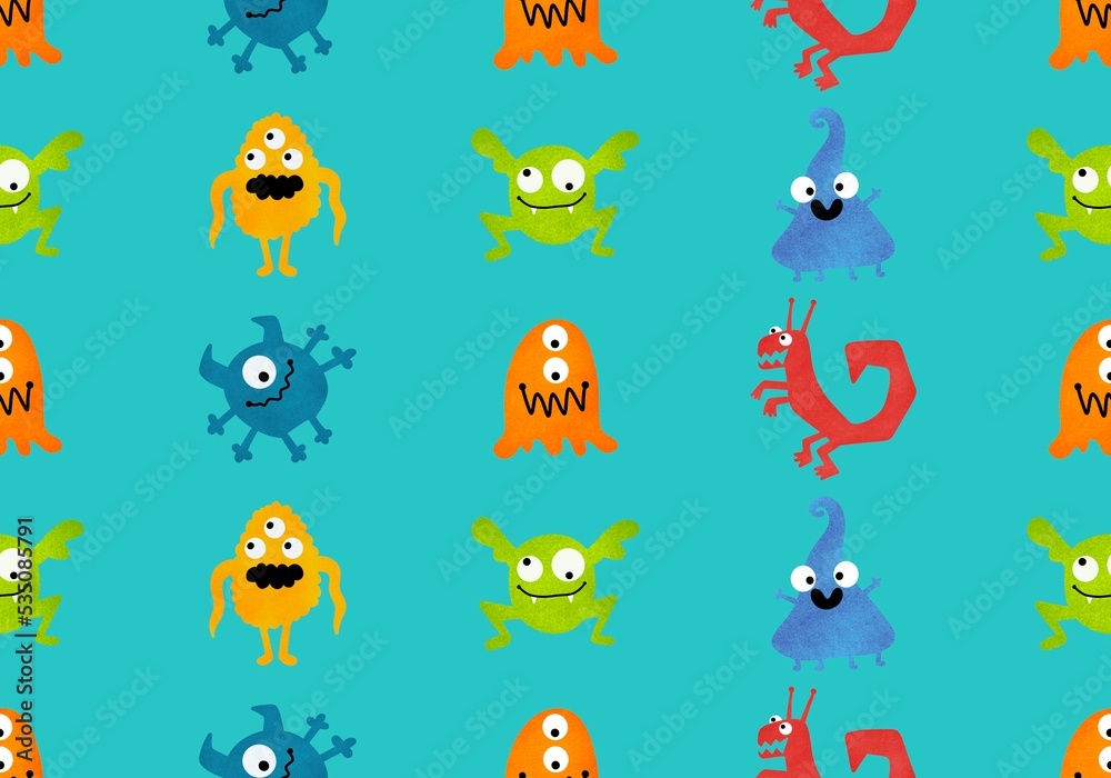Monsters aliens cartoon seamless Halloween doodle pattern for wrapping paper and clothes print and kids Monsters aliens cartoon seamless Halloween doodle pattern for wrapping paper and clothes print and kids