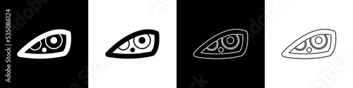 Set Car headlight icon isolated on black and white background. Vector