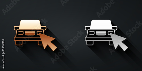 Gold and silver Online car sharing icon isolated on black background. Online rental car service. Online booking design concept for laptop. Long shadow style. Vector