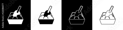 Set Cat litter tray with shovel icon isolated on black and white background. Sandbox cat with shovel. Vector