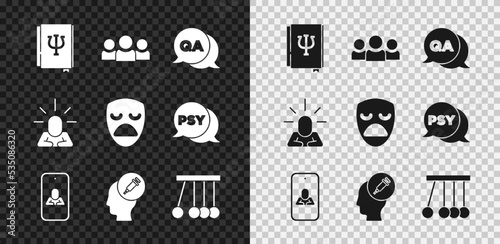 Set Psychology book, Psi, Users group, Question and Answer, Psychologist online, Addiction to the drug, Pendulum, Depression and Drama theatrical mask icon. Vector