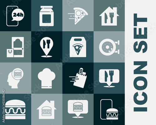 Set Online ordering and delivery, Cafe restaurant location, Donut, pizza, Food and icon. Vector