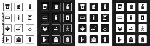 Set Bottle of shampoo, Shaving gel foam, Bar soap, Epilator, Wet wipe pack, Bucket with suds, Nail scissors and Washbasin water tap icon. Vector