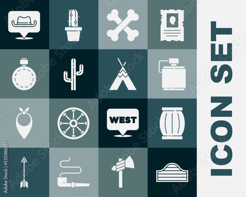 Set Saloon door, Gun powder barrel, Canteen water bottle, Crossed human bones, Cactus, Location cowboy and Indian teepee wigwam icon. Vector