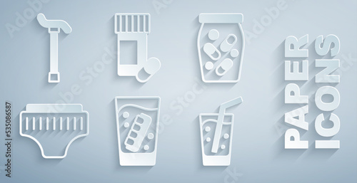 Set False jaw in glass, Medicine bottle and pills, Adult diaper, Glass with water, and Walking stick cane icon. Vector