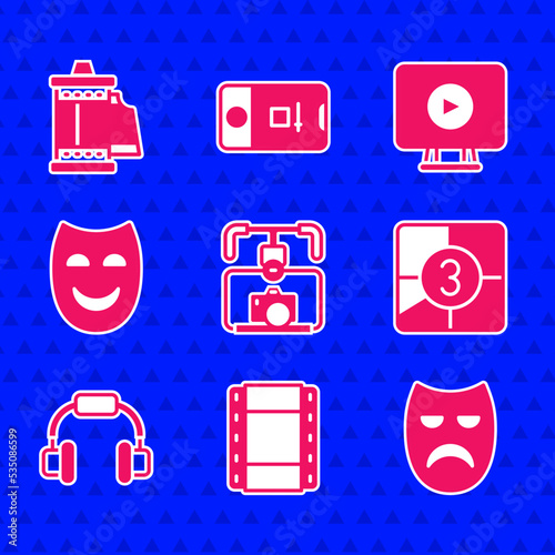 Set Gimbal stabilizer with camera, Play Video, Drama theatrical mask, Old film movie countdown frame, Headphones, Comedy, Online play video and Camera roll cartridge icon. Vector