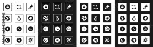 Set Telescope, Symbol Uranus, Full moon, Air element, Water drop, Star constellation zodiac, Earth and Sagittarius icon. Vector