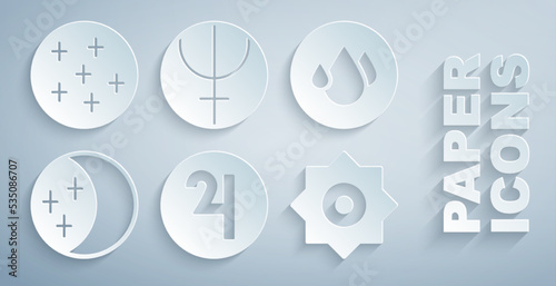 Set Symbol Jupiter, Water drop, Eclipse of the sun, Falling star, Neptune planet and Full moon icon. Vector
