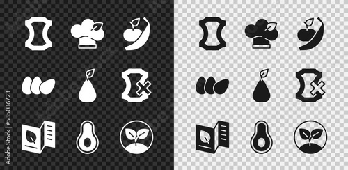 Set Leather, Vegan food diet, Apple and banana, Vegetarian menu, Avocado fruit, Sprout, Chicken egg and Pear icon. Vector
