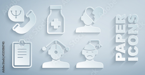 Set Hypnosis, Broken heart or divorce, Psychological test, Concussion, headache, Sedative pills and Online psychological counseling icon. Vector