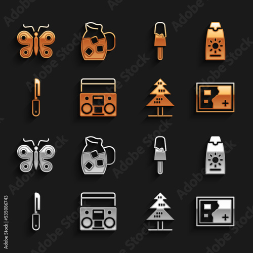 Set Home stereo with two speakers, Sunscreen cream in tube, Folded map, Tree, Knife, Ice, Butterfly and Jug glass water icon. Vector