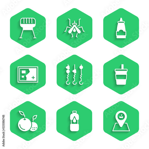 Set Grilled shish kebab on skewer, Bottle of water, Picnic location, Paper glass with, Fruit, Folded map, Sauce bottle and Barbecue grill icon. Vector