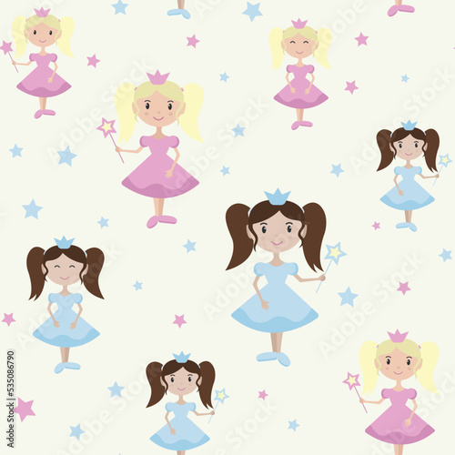 Little princess design. Vector seamless childish pattern with princess in pink and blue dresses. Pretty fairy with a magic wand vector illustration.