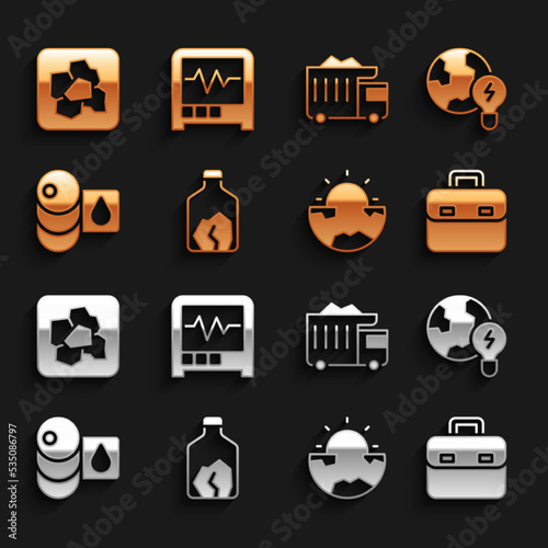 Set Ore mining, Global planet with bulb, Briefcase, Earth core structure crust, Barrel oil, Mining dump truck, Gold nugget and Seismograph icon. Vector