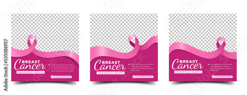 Set of Breast cancer awareness month social media post template design. Editable banner with pink background and ribbon illustration