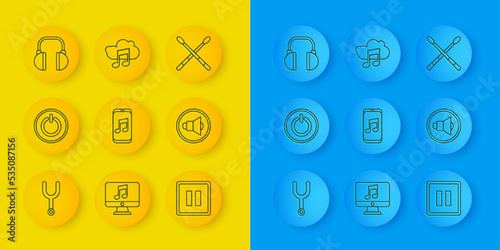Set line Musical tuning fork, Power button, player, Pause, Speaker volume, Headphones, Drum sticks and streaming service icon. Vector