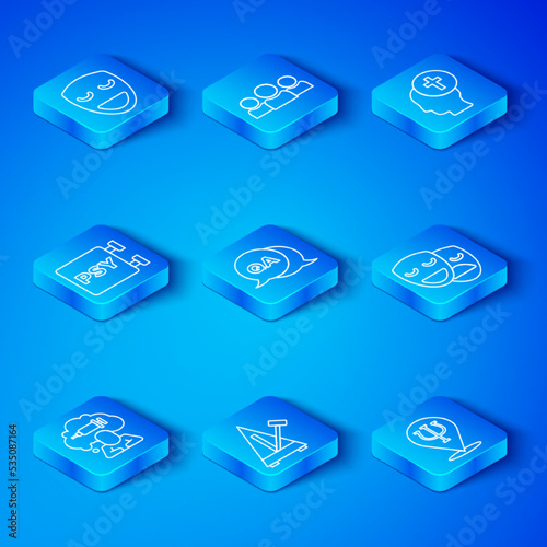 Set line Addiction to the drug, Question and Answer, Metronome with pendulum, Comedy tragedy masks, Man graves funeral sorrow, Psychology, Psi, theatrical and icon. Vector