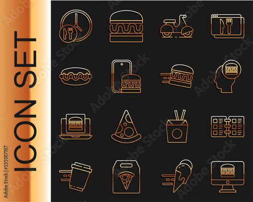 Set line Online ordering and delivery, Restaurant cafe menu, Scooter, Hotdog sandwich, Round the clock and burger icon. Vector