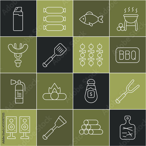 Set line Cutting board, Barbecue fork, Fish, Spatula, Sausage on the, Lighter and Grilled shish kebab icon. Vector