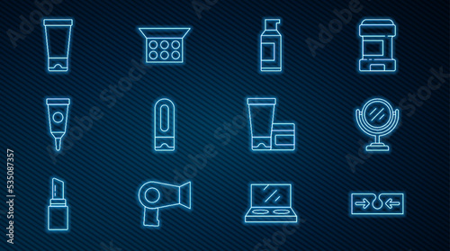 Set line Acne, Round makeup mirror, Spray can for hairspray, Bottle of shampoo, Cream lotion cosmetic tube, and Makeup powder with icon. Vector