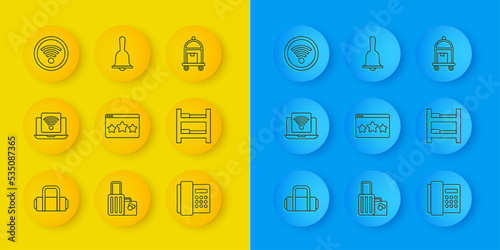 Set line Suitcase, Wireless laptop, Five stars rating review, Telephone handset, Hotel room bed, Wi-Fi wireless, and service bell icon. Vector