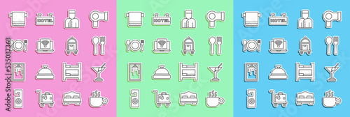 Set line Coffee cup, Martini glass, Fork and spoon, Concierge, Wireless laptop, Plate, fork knife, Towel hanger and Suitcase icon. Vector