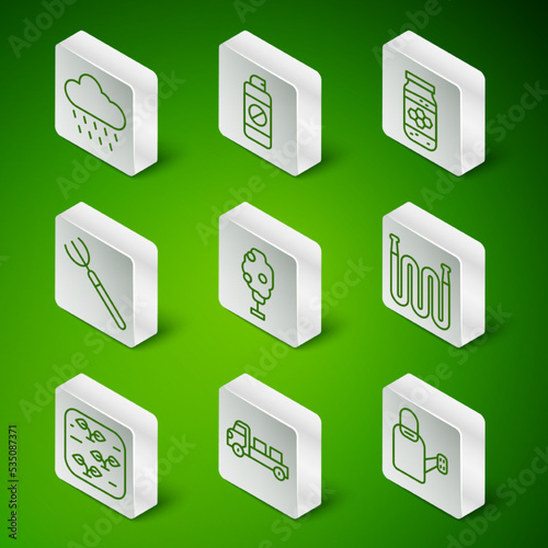 Set line Watering can, Pickup truck, Cloud with rain, Tree apple, Garden pitchfork, sprayer fertilizer, Plant and hose icon. Vector