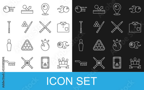 Set line Bowling pin, Billiard ball, shirt, Location with bowling, cue and, and Crossed billiard cues icon. Vector