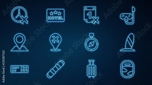 Set line Airplane window, Surfboard, Calendar and airplane, Plane, Location, Clock with, Compass and Signboard text Hotel icon. Vector