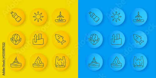 Set line Floating buoy on the sea, Hand holding Earth globe, Rise water level, Say no to plastic bags poster, Dead fish, Bottle of, Wind turbine and Sun icon. Vector