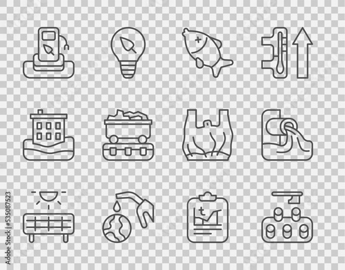 Set line Solar energy panel, Deforestation, Dead fish, Gas pump nozzle and globe, Petrol gas, Coal train wagon, Global warming and Wastewater icon. Vector