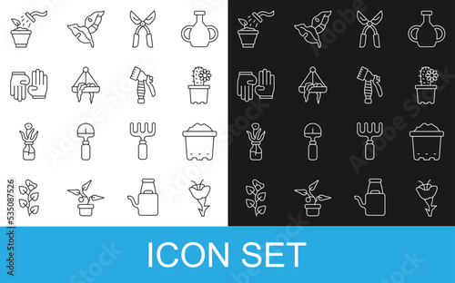 Set line Flower, Pot with soil, Cactus peyote in pot, Gardening handmade scissors, Plant hanging, Rubber gloves, Spraying plant and Water spray bottle icon. Vector