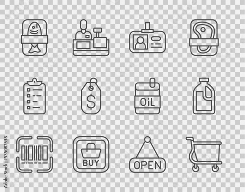 Set line Scanner scanning bar code, Shopping cart, Identification badge, Buy button, Fish plastic tray container, Price tag with dollar, Hanging sign Open and Bottle for cleaning agent icon. Vector