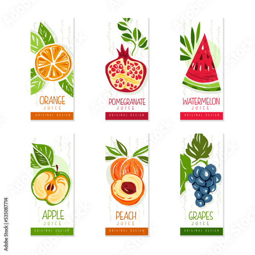 Fresh fruit juice logo design set. Watermelon, orange, pomegranate, apple, grapes, peach juice labels, badges vector illustration