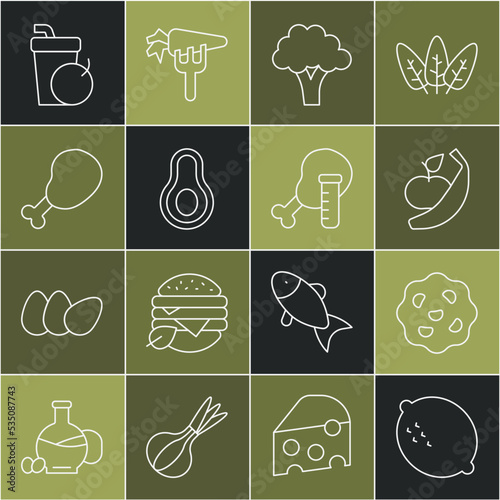 Set line Lemon, Cookie or biscuit, Apple and banana, Broccoli, Avocado fruit, Chicken leg, Fresh smoothie and Genetically modified chicken icon. Vector