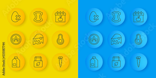 Set line Paper package for milk, Vegan food diet, Cheese, Carrot, Avocado fruit, No egg, World Vegetarian day and Leather icon. Vector