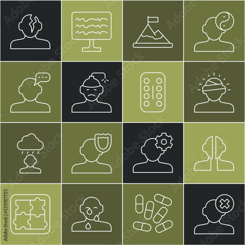 Set line Solution problem in psychology, Bipolar disorder, Concussion, headache, Mountains with flag top, Online psychological counseling, and Sedative pills icon. Vector