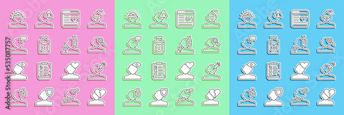 Set line Broken heart or divorce, Addiction to the drug, Finding problem in psychology, Online psychological counseling, Antidepressants, Concussion, headache and Alcoholism icon. Vector