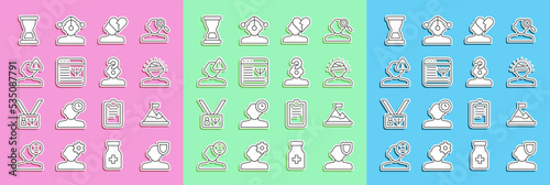 Set line Psychology, Concussion, headache, Broken heart or divorce, Online psychological counseling, Finding problem psychology, Old hourglass and Human question mark icon. Vector