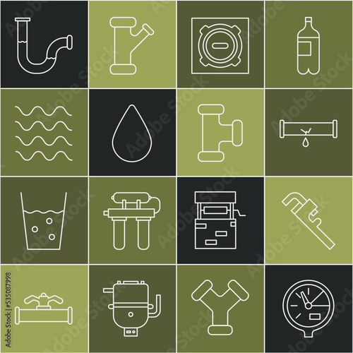 Set line Water meter, Pipe adjustable wrench, Broken pipe with leaking water, Manhole sewer cover, drop, Wave, Industry metallic and icon. Vector