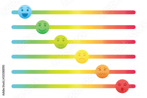 Colorful slider bars with emotional faces icons. Different feedback types from good to bad. Hurt meter levels from mild to worst pain possible. Vector cartoon illustration isolated on white background