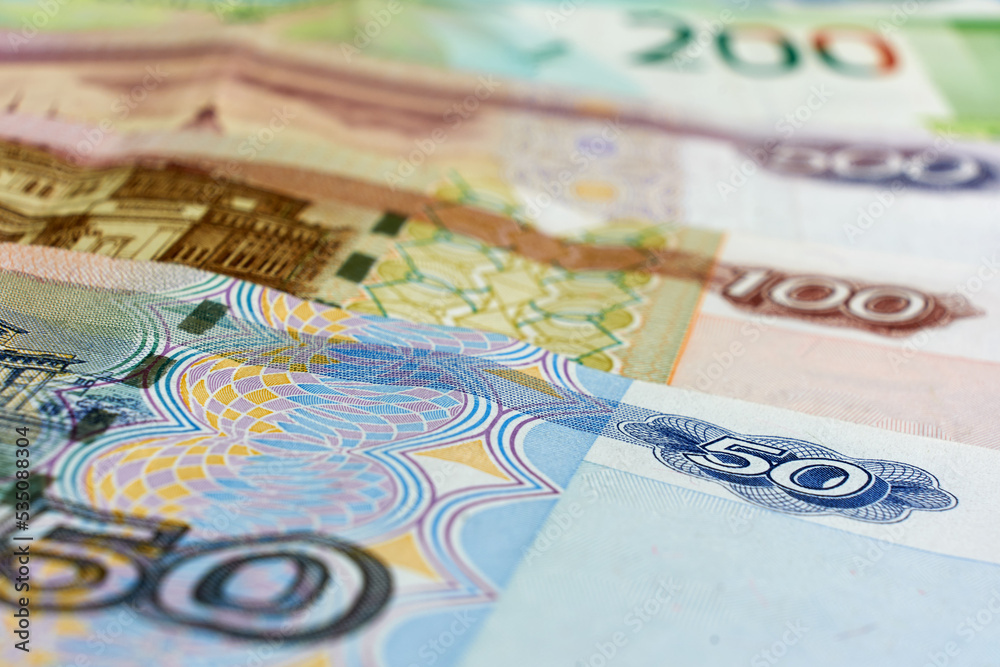 Russian money close-up, ruble banknotes from Russia