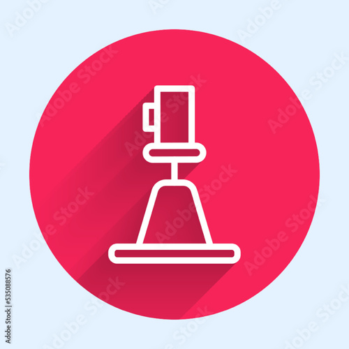 White line Tacheometer, theodolite icon isolated with long shadow background. Geological survey, engineering equipment for measurement and research. Red circle button. Vector