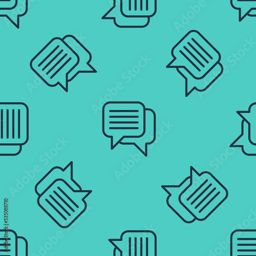 Black line Speech bubble chat icon isolated seamless pattern on green background. Message icon. Communication or comment chat symbol. Vector