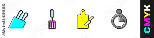 Set Knife, Barbecue spatula, Cutting board and knife and Stopwatch icon. Vector