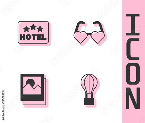 Set Hot air balloon, Signboard with text Hotel, Photo and Heart shaped love glasses icon. Vector