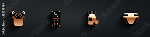 Set Knitting, Domino, Medicine bottle and pills and Adult diaper icon with long shadow. Vector