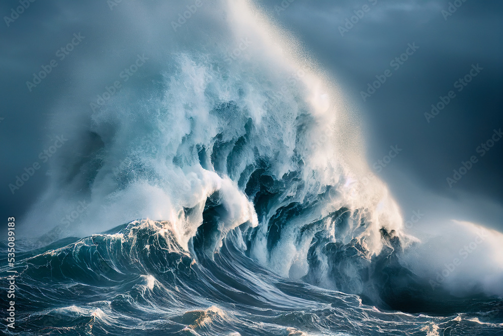 Apocalyptic dramatic background,  giant tsunami waves, dark stormy sky, Tornado. Huge waves Tsunami Big waves. 3d render
 - obrazy, fototapety, plakaty 